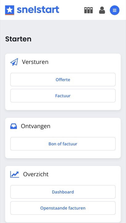 Het startscherm van de SnelStart-app met de knop &lsquo;Bon of factuur&rsquo;.